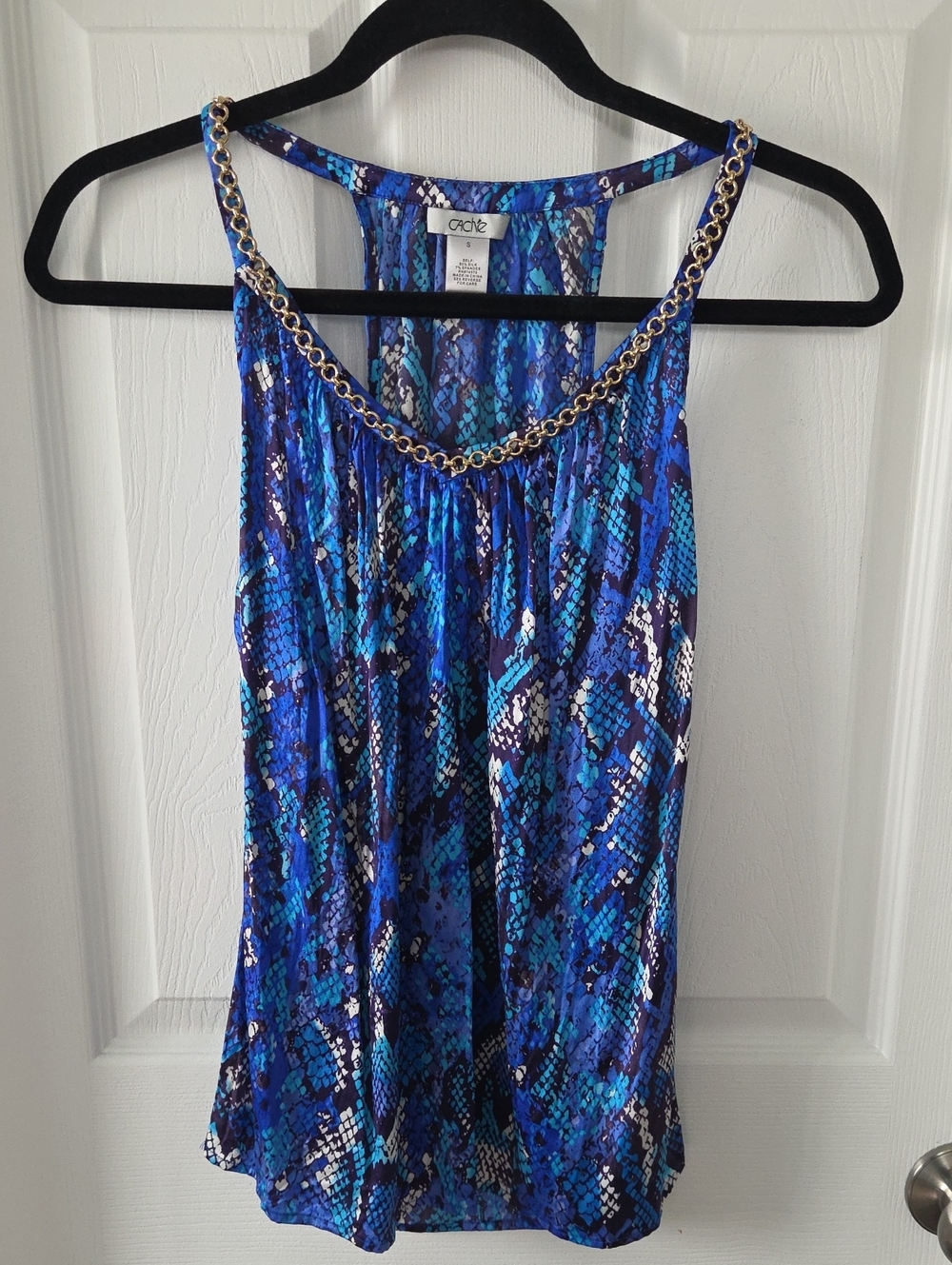 Vintage Cache Blue & Teal Snake-Print Chain-Trim Silk Camisole Top